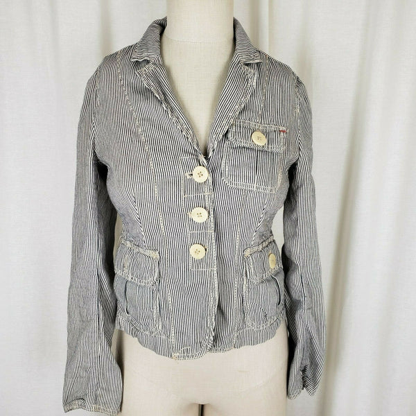 Gap Pinstriped Cropped Denim Blue Jean Trucker Jacket Womens XS Railroad Stripes