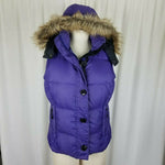 LL Bean Hooded Fur Trim Goose Down Nylon Quilted Puffer Vest Womens S Purple