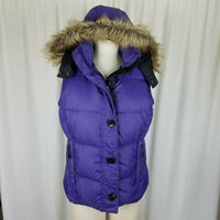 LL Bean Hooded Fur Trim Goose Down Nylon Quilted Puffer Vest Womens S Purple