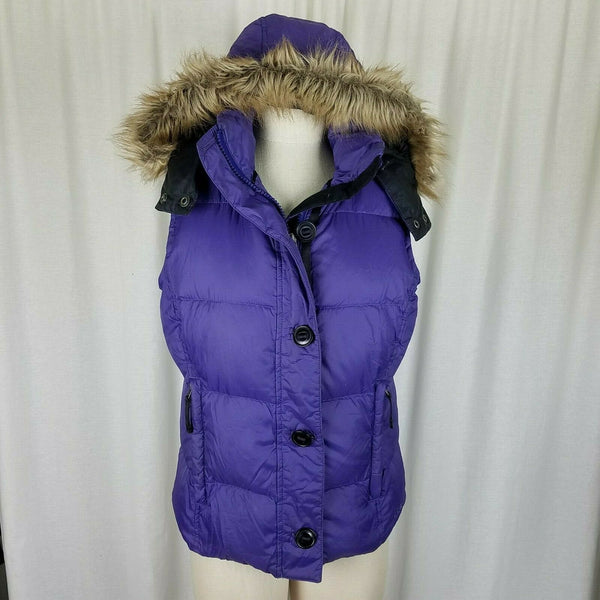 LL Bean Hooded Fur Trim Goose Down Nylon Quilted Puffer Vest Womens S Purple