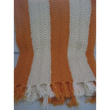 Vintage Crochet Herringbone Striped 84 X 59 Handmade Fringed Afghan Orange Cream