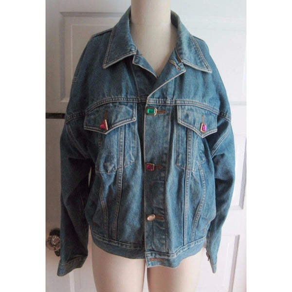 Limited Jeans European Fit Jewel Buttons Trucker Denim Blue Jean Jacket Womens M