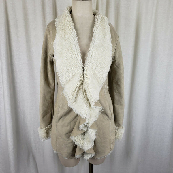Mystree Vegan Faux Suede Sherpa Lined Drape Ruffled Swing Jacket Coat Womens S