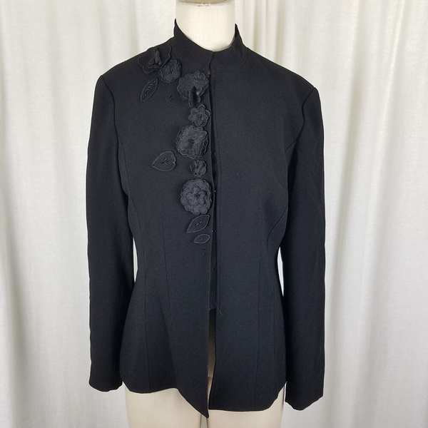 Zelda Black Mock Neck Floral Applique Beaded Jacket Blazer Womens 8 Dressy