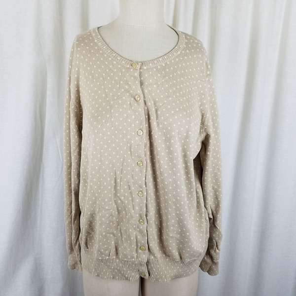 LL Bean Polka Dot Knit Sweater Womens 1X Twinset Look Button Up Cardigan Plus
