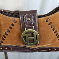 Tommy Hilfiger Brown Canvas Leather Boho Logo Shoulder Bag Handbag Purse Vintage