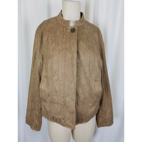 Chicos Embossed Gold Metallic Tapestry Moto Mandarin Bomber Jacket Womens 2 L