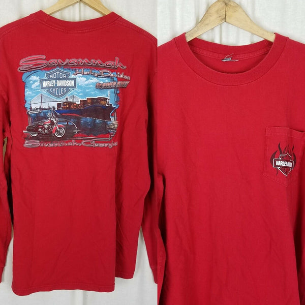 Harley Davidson Savannah GA on River St Long Sleeve Tee T-Shirt Mens XL Red 2010