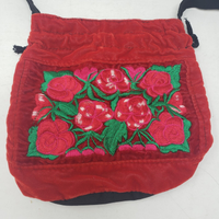 Vintage Topaca Red Velvet Embroidered Roses Shoulder Bag Cinch Drawstring Purse