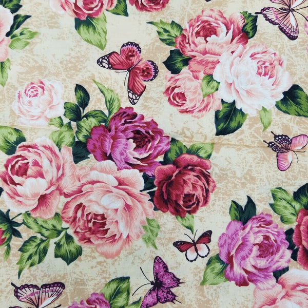 Antique Roses Floral Butterfly Fabric Hobby Lobby Screenprinted Cotton 2 yards