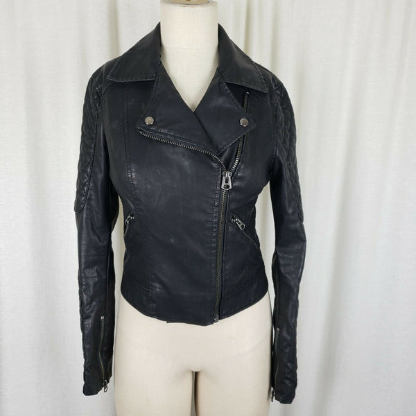 Topshop Vegan Faux Black Leather Cropped Moto Jacket Wide Collar Womens 4 Padded