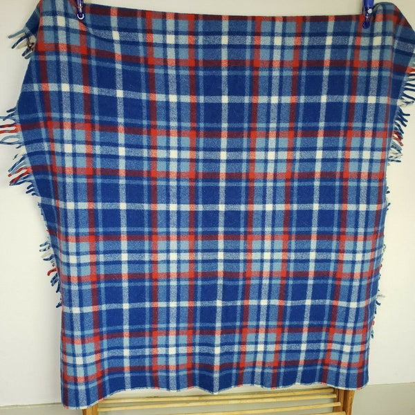 Vintage Blue Wool Plaid Fringed Throw Blanket Weighted Red 50x52 Picnic Stadium