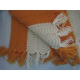Vintage Crochet Herringbone Striped 84 X 59 Handmade Fringed Afghan Orange Cream