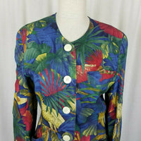 Bogner Linen Tropical Cockatoo Collarless Blazer Jacket Womens 8 Vintage 1980s