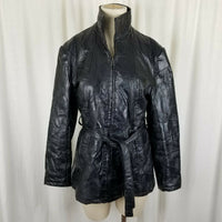 Navarree Leather Black Belted Patchwork Piecework Coat Jacket Womens L High Neck