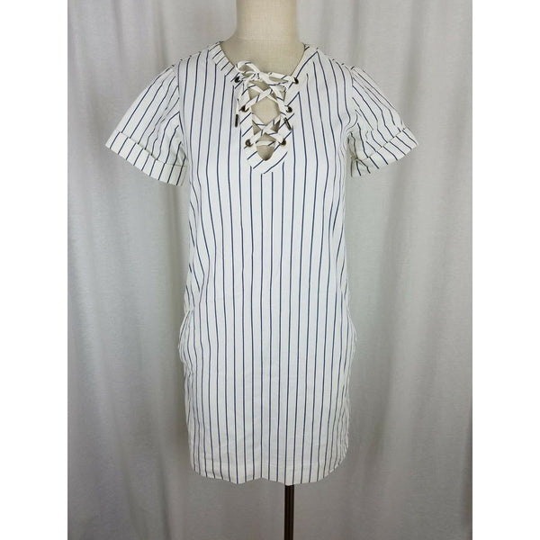 Madewell Harbor Lace up Shift Dress Ivory Blue Pinstriped Striped Womens 2XS XXS