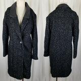 Vintage Black Mottled Wool Leather Trim Herringbone Tweed Peacoat Coat Womens 7