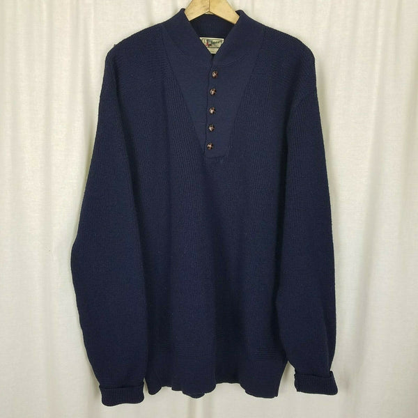 LL Bean Rag Wool Shawl Collar Henley Leather Buttons Knit Sweater Mens L Vintage