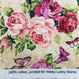 Antique Roses Floral Butterfly Fabric Hobby Lobby Screenprinted Cotton 2 yards