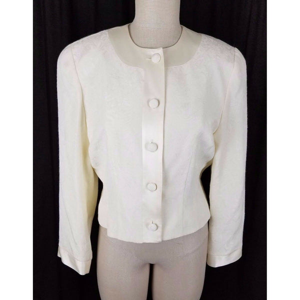Vintage Andrew Harvey Collarless Floral Brocade Blazer Jacket Womens 8 USA Ivory