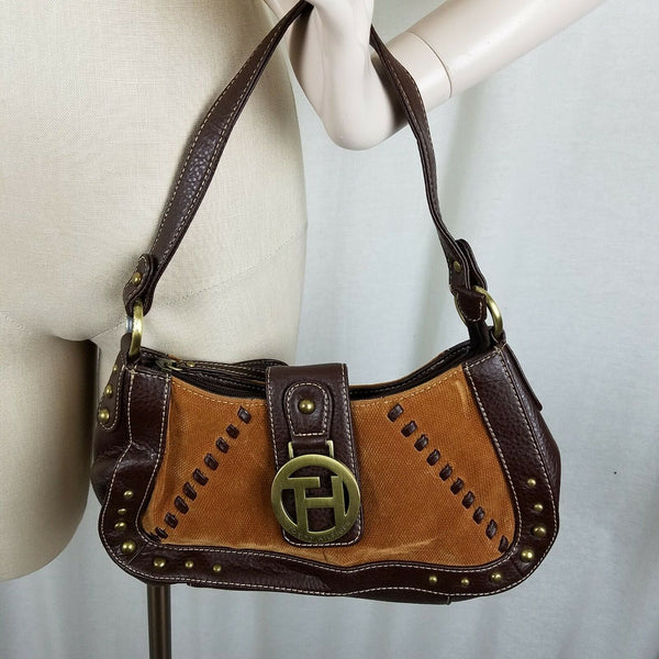 Tommy Hilfiger Brown Canvas Leather Boho Logo Shoulder Bag Handbag Purse Vintage