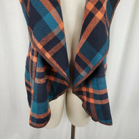 Vegan Wool Wide Collar Tartan Plaid Open Front Swing Vest Womens M Stretch Blue