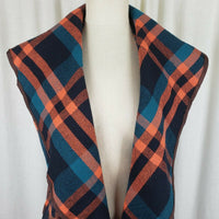 Vegan Wool Wide Collar Tartan Plaid Open Front Swing Vest Womens M Stretch Blue