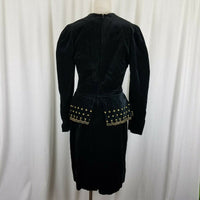 Jan Briggs Black Velvet Peplum Dress Gold Embellishments Womens 12 Vintage 80s