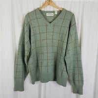 Vintage VNeck Wool Windowpane Plaid Pullover Knit Sweater Mens L Green Brown