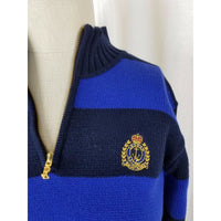 LRL Ralph Lauren Petites Blue Wide StripeS Knit 1/4 Zip Crest Sweater Womens P