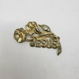 Vintage Gold Metal Jesus Flowers Floral Pin Brooch 2.25” Christian Religious