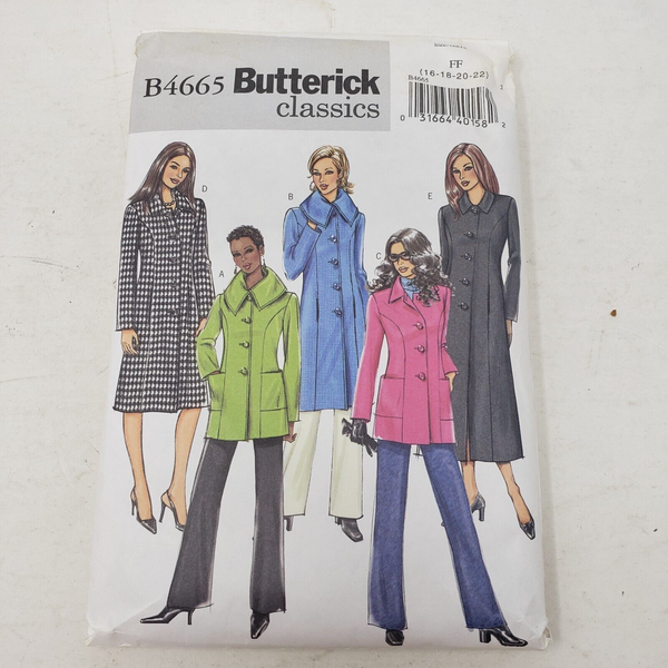 BUTTERICK Classic Sewing Pattern B4665 Women Sizes 16-18-20-22 Jacket Coat