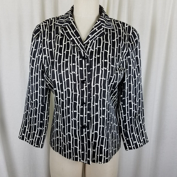 Talbots Silk Black & White Printed Button Up 3/4 Sleeve Jacket Blazer Womens 8