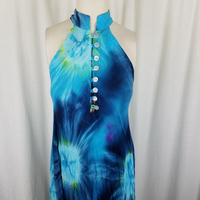 Vintage Asymmetrical Blue Tie Dye Dress Flowing Band Collar Maxi Halter Womens S