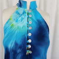 Vintage Asymmetrical Blue Tie Dye Dress Flowing Band Collar Maxi Halter Womens S