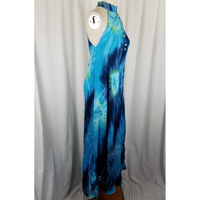 Vintage Asymmetrical Blue Tie Dye Dress Flowing Band Collar Maxi Halter Womens S