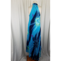 Vintage Asymmetrical Blue Tie Dye Dress Flowing Band Collar Maxi Halter Womens S