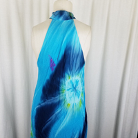 Vintage Asymmetrical Blue Tie Dye Dress Flowing Band Collar Maxi Halter Womens S