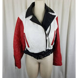 Chia Colorblock Leather Moto Biker Jacket Belted Womens L MJ Thriller Cropped