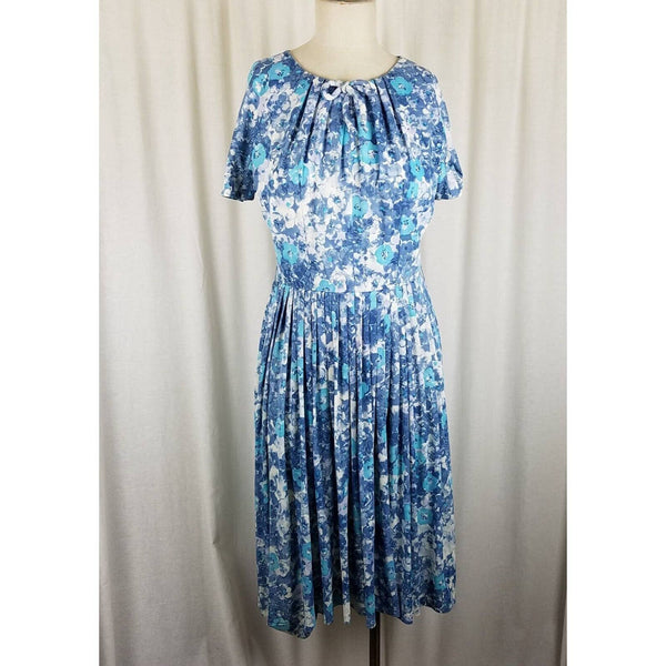 Vintage Wilshire of Boston Blue Floral Twirl Day Dress Womens XS S 40s 50s MCM