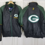 Vintage Pro Player Green Bay Packers Leather Double Sided Bomber Jacket Mens M