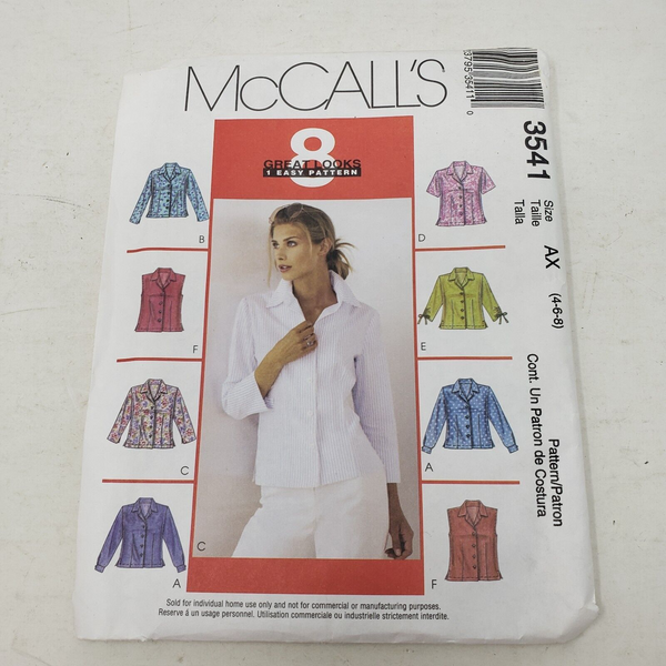 McCall's 3541 EASY Button Front Shirts Sewing Pattern Sleeve Variations 4-6-8 AX