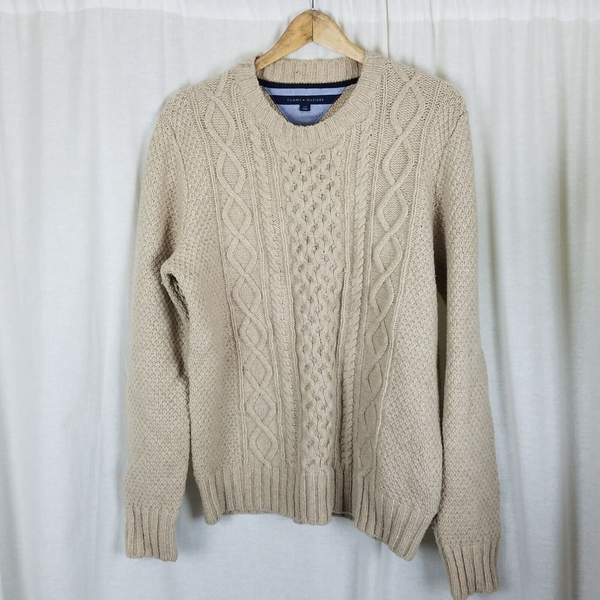 Tommy Hilfiger Lambswool Chunky Cable Knit Fishermans Sweater Mens L Cream