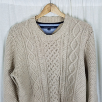 Tommy Hilfiger Lambswool Chunky Cable Knit Fishermans Sweater Mens L Cream